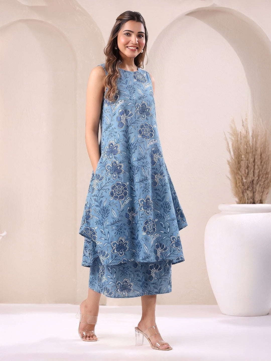 Janasya Women's Blue Pure Cotton Floral Printed A-Line Kurta with Culotte Pant Set