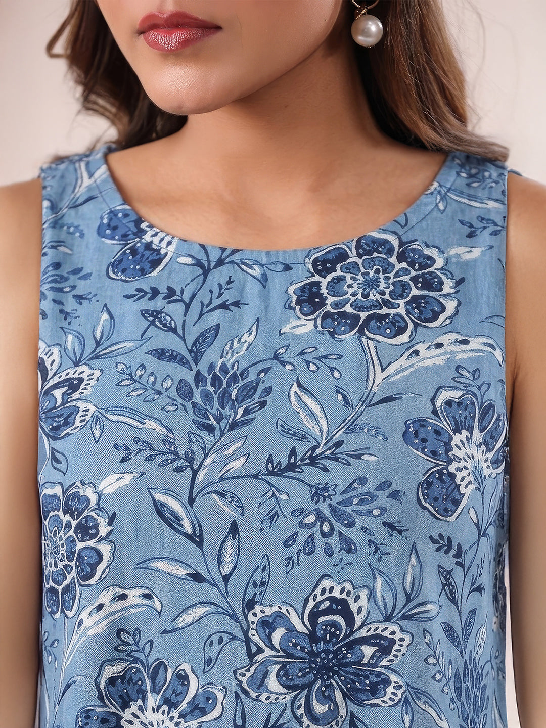 Janasya Women's Blue Pure Cotton Floral Printed A-Line Kurta with Culotte Pant Set