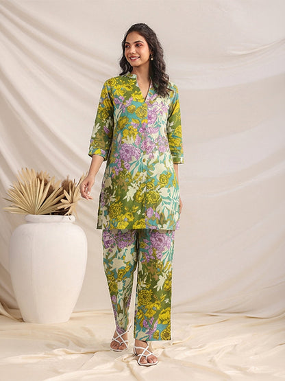 Janasya Women's Multicolor Pure Cotton Floral Printed Straight Co-Ord Set