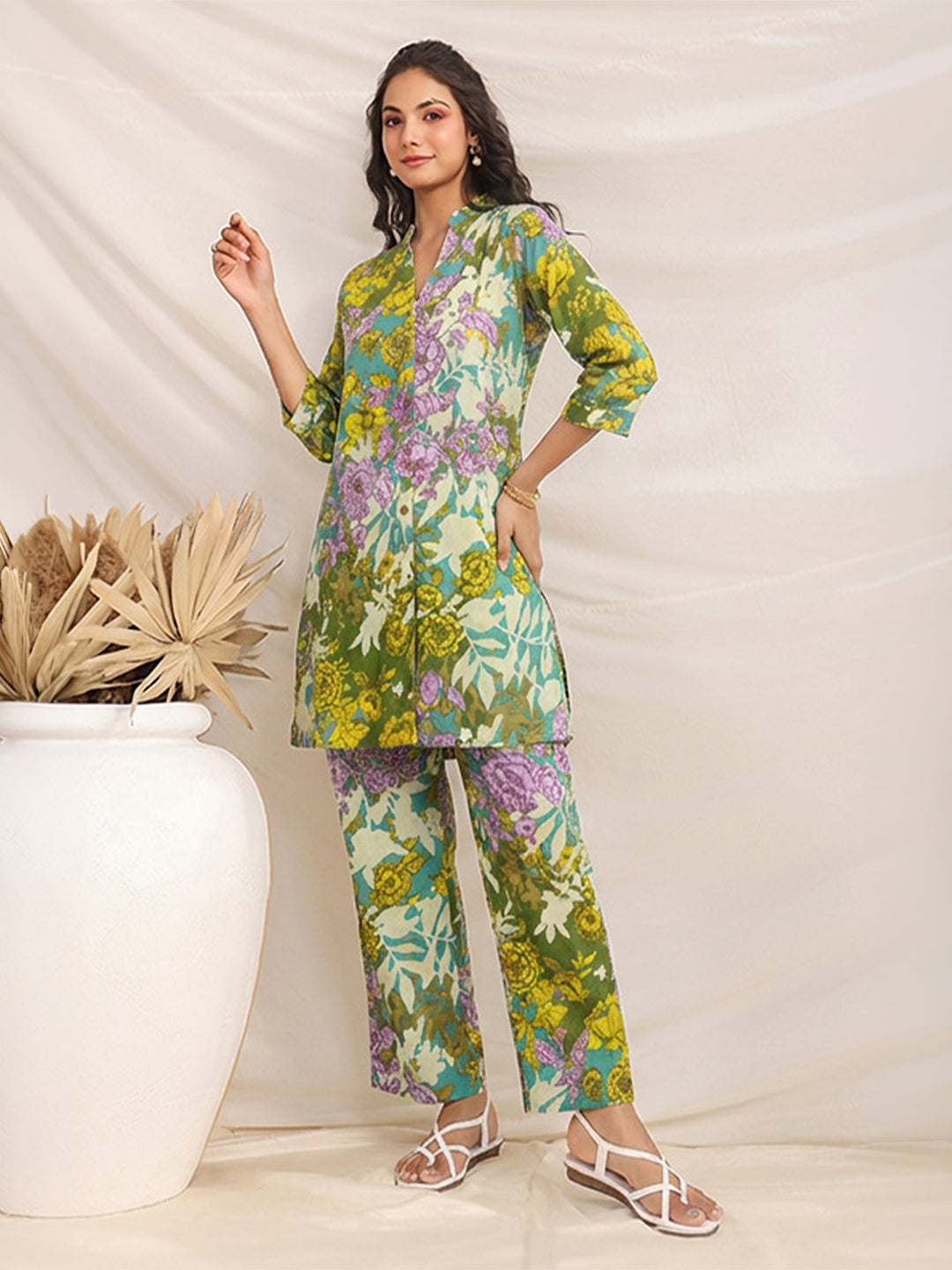 Janasya Women's Multicolor Pure Cotton Floral Printed Straight Co-Ord Set