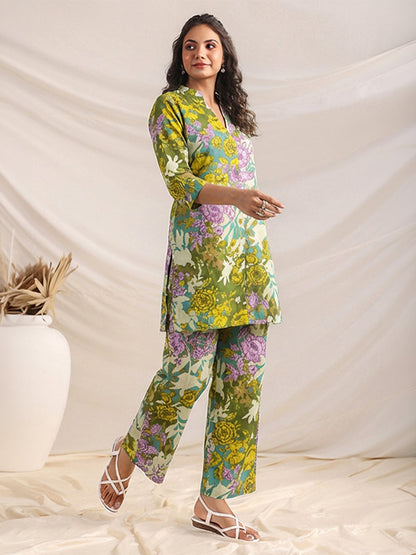 Janasya Women's Multicolor Pure Cotton Floral Printed Straight Co-Ord Set