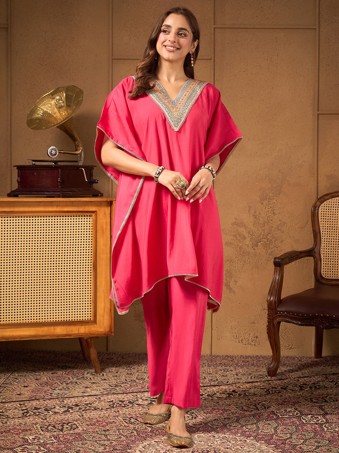 Janasya Women's Pink Silk Blend Embroidered Kaftan Co-Ord Set