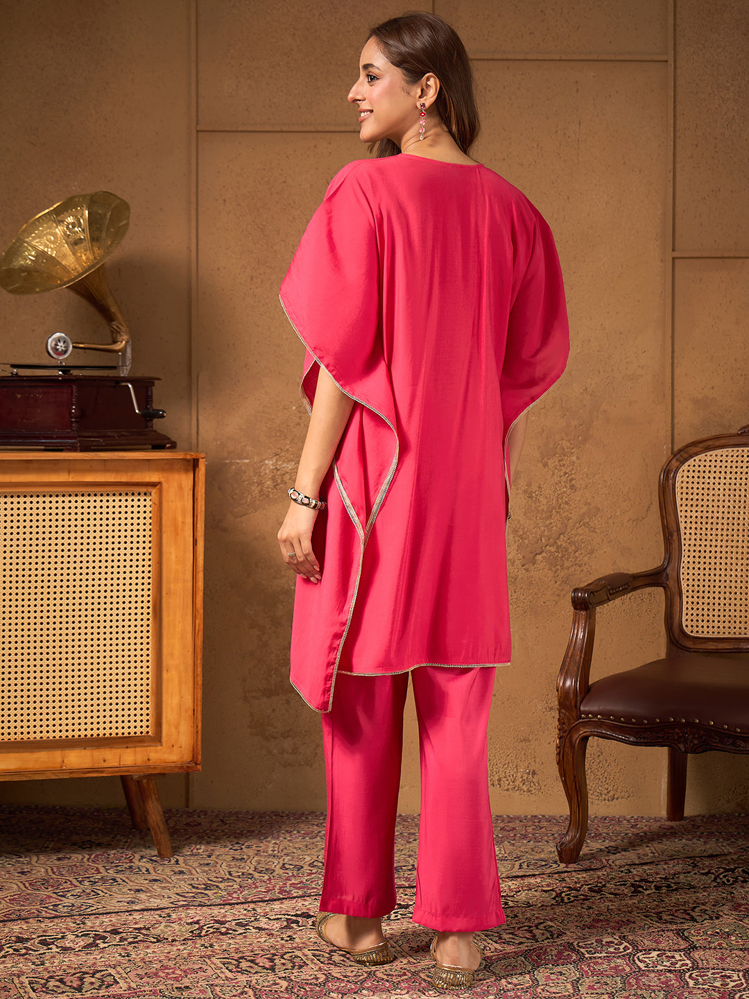Janasya Women's Pink Silk Blend Embroidered Kaftan Co-Ord Set