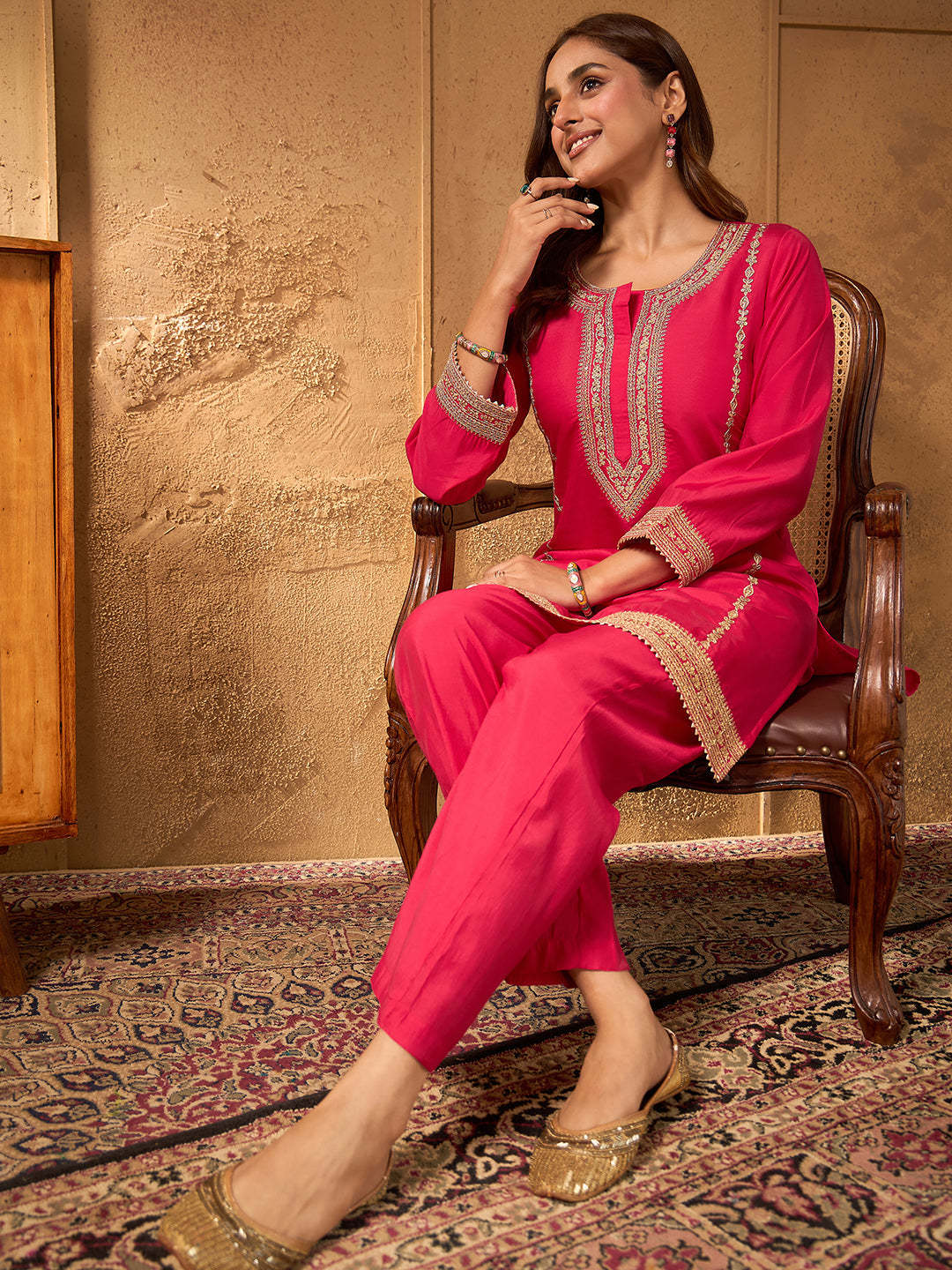 Janasya Women's Pink Silk Blend Embroidered A-Line Co-Ord Set