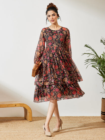 Janasya Women's Black Georgette Floral Printed A-line Dress