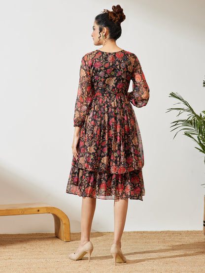 Janasya Women's Black Georgette Floral Printed A-line Dress