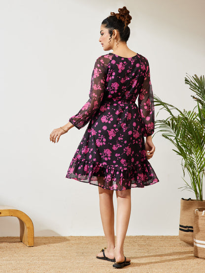 Janasya Women's Black Chiffon Floral Printed A-line Dress