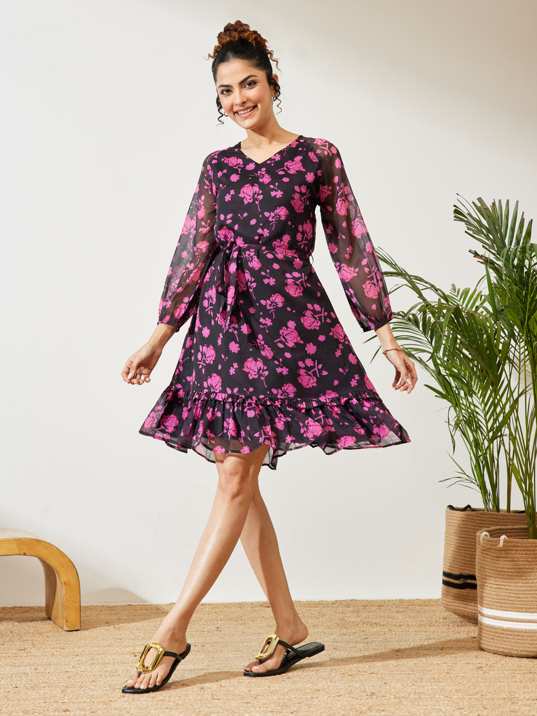 Janasya Women's Black Chiffon Floral Printed A-line Dress