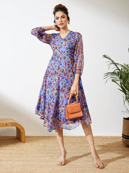 Janasya Women's Lavender Georgette Floral Printed A-line Dress
