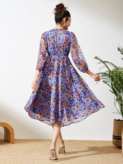 Janasya Women's Lavender Georgette Floral Printed A-line Dress