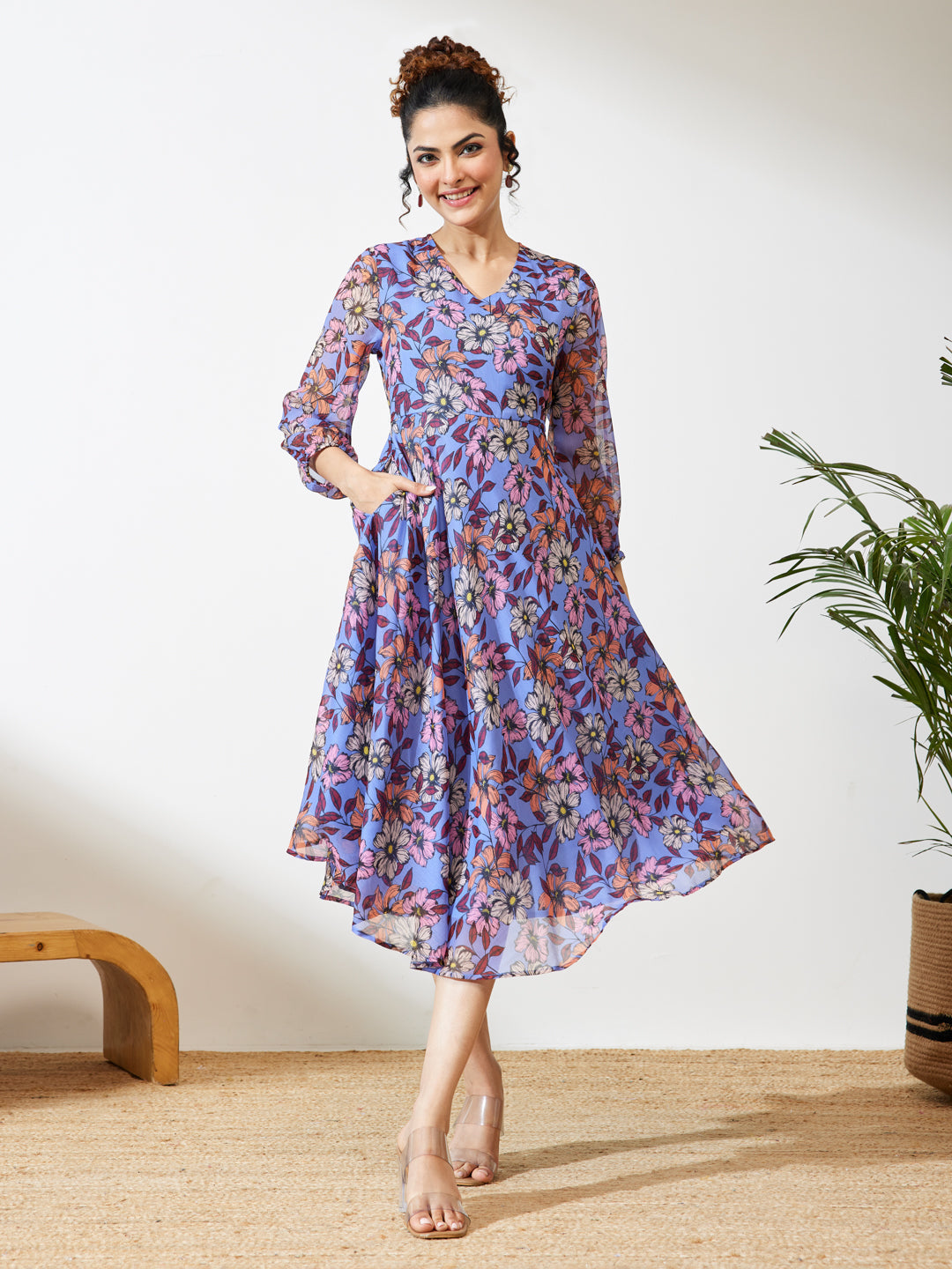 Janasya Women's Lavender Georgette Floral Printed A-line Dress