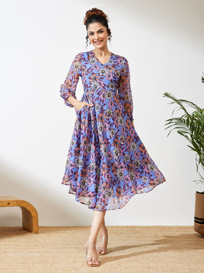 Janasya Women's Lavender Georgette Floral Printed A-line Dress