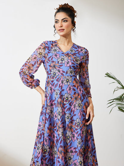 Janasya Women's Lavender Georgette Floral Printed A-line Dress