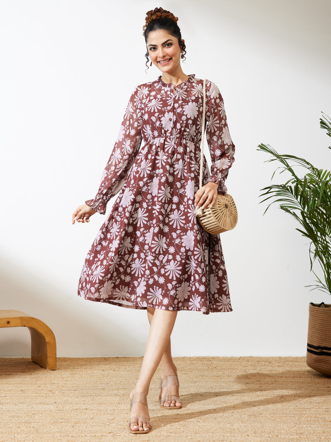 Janasya Women's Burgundy Georgette Floral Printed Fit & Flare Dress