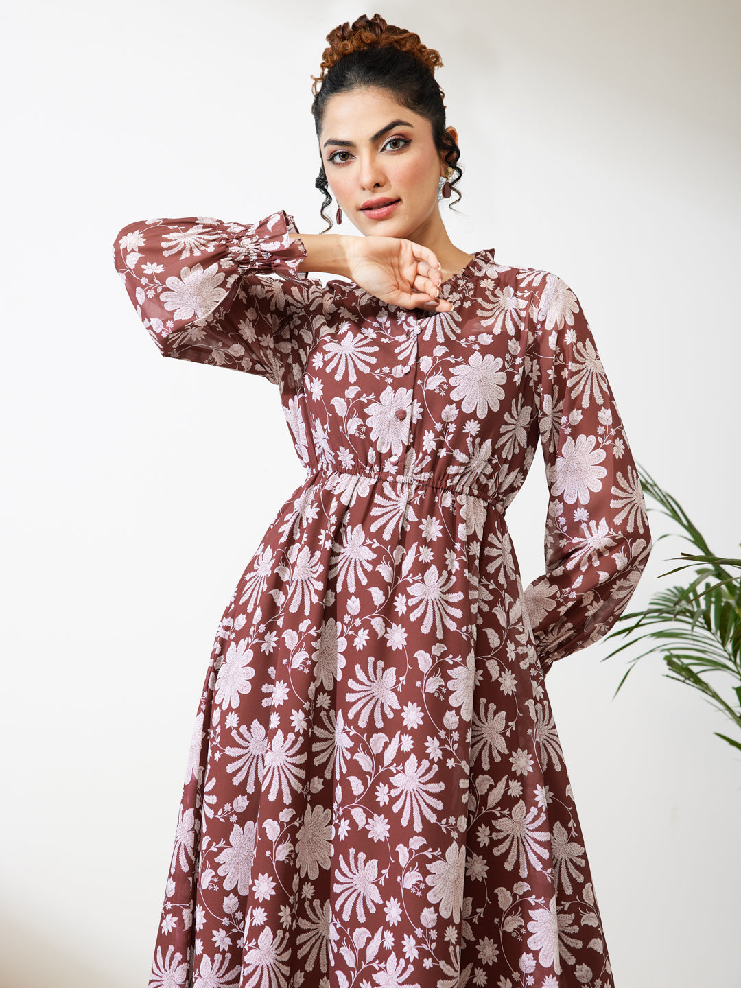 Janasya Women's Burgundy Georgette Floral Printed Fit & Flare Dress