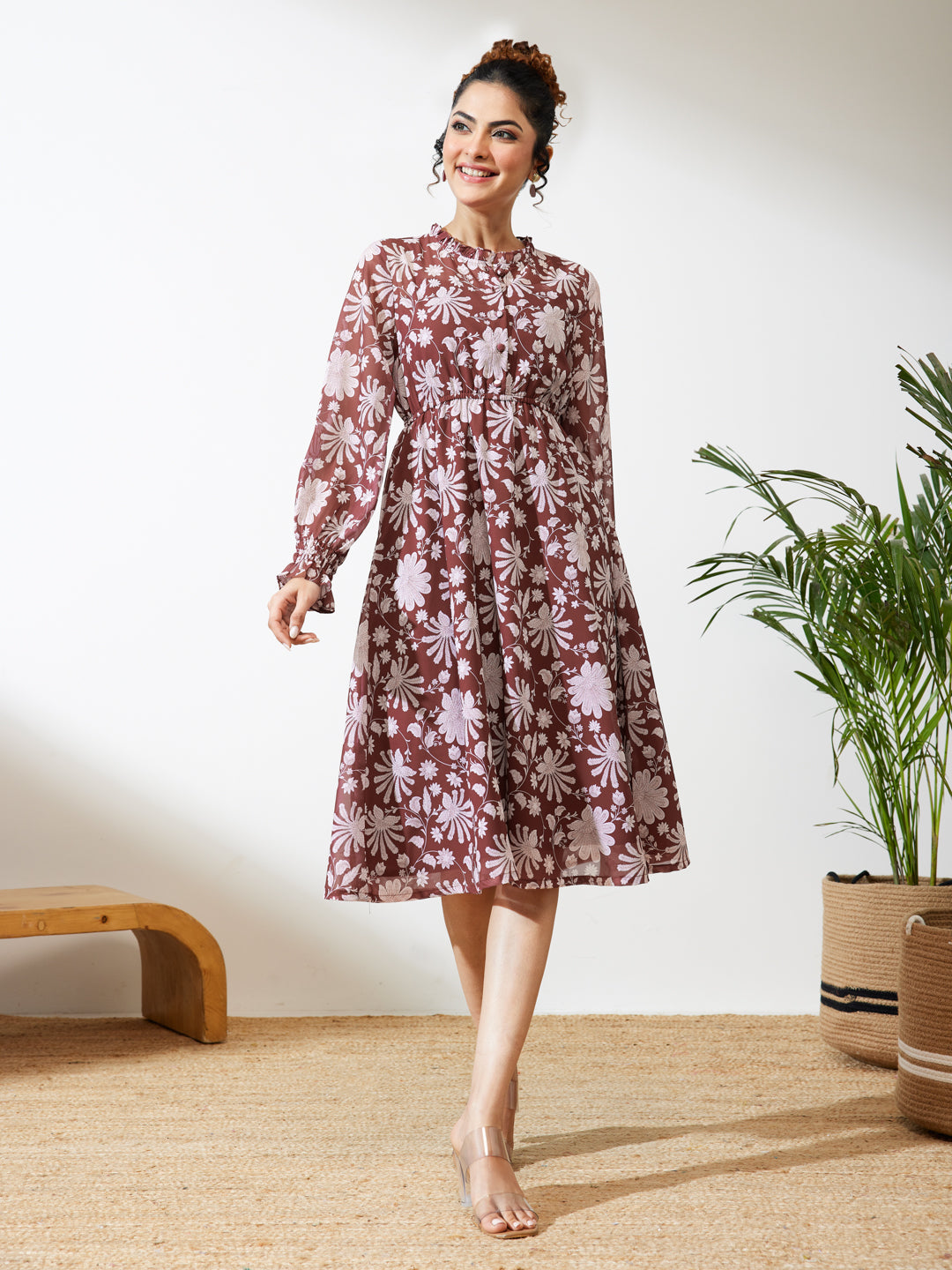 Janasya Women's Burgundy Georgette Floral Printed Fit & Flare Dress