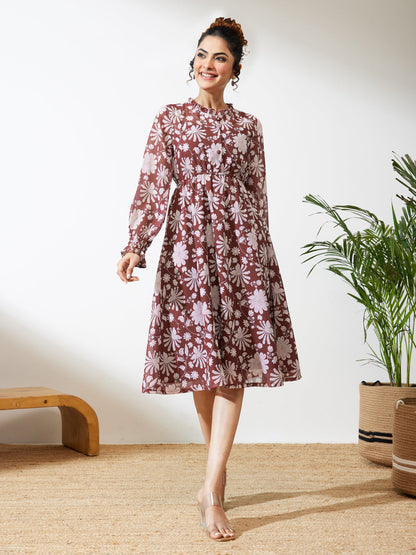 Janasya Women's Burgundy Georgette Floral Printed Fit & Flare Dress