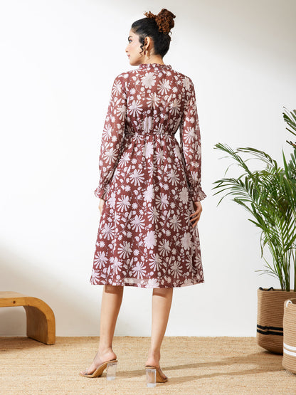Janasya Women's Burgundy Georgette Floral Printed Fit & Flare Dress
