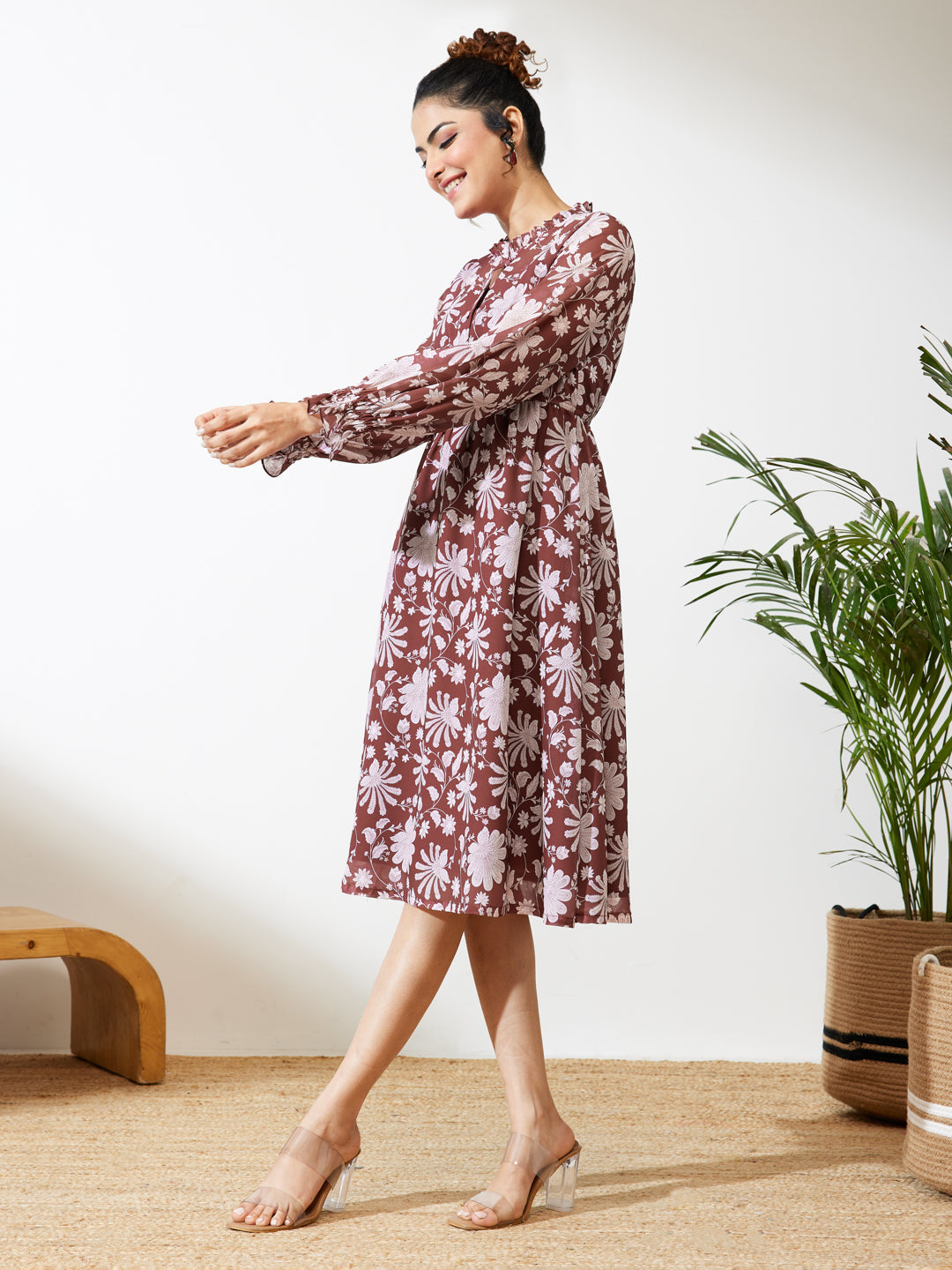 Janasya Women's Burgundy Georgette Floral Printed Fit & Flare Dress