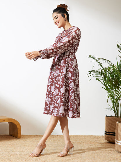 Janasya Women's Burgundy Georgette Floral Printed Fit & Flare Dress