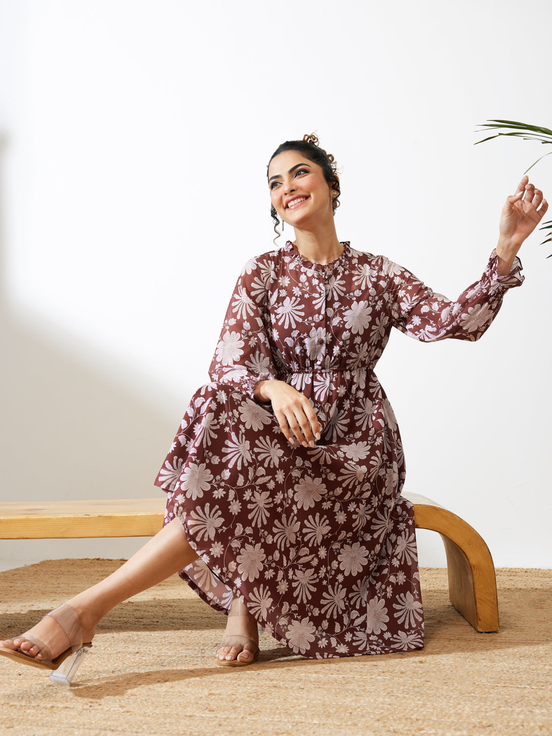 Janasya Women's Burgundy Georgette Floral Printed Fit & Flare Dress