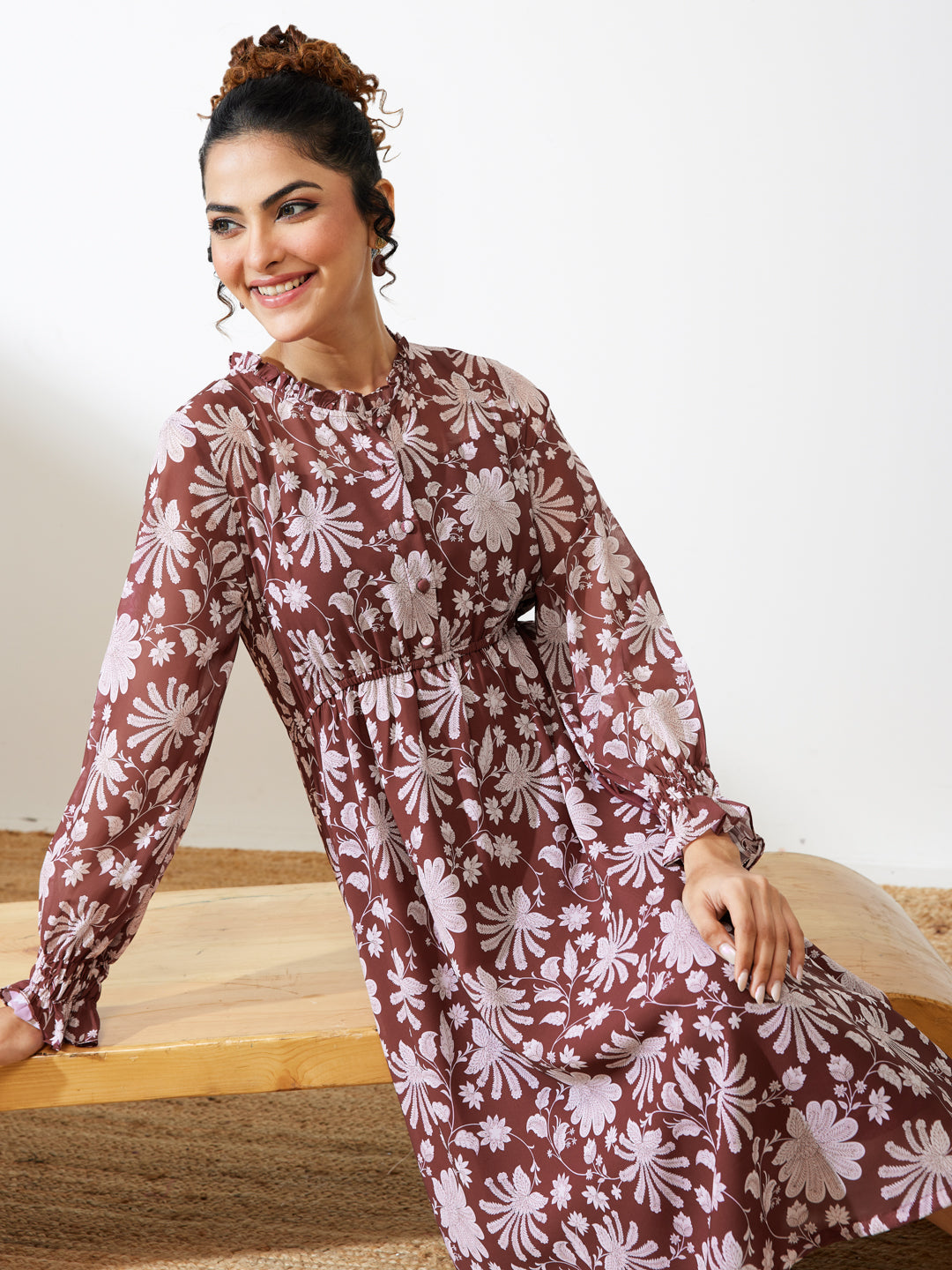 Janasya Women's Burgundy Georgette Floral Printed Fit & Flare Dress