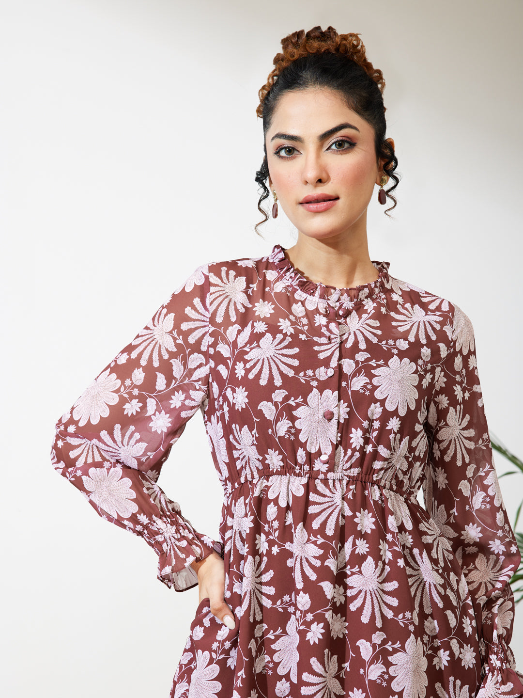 Janasya Women's Burgundy Georgette Floral Printed Fit & Flare Dress