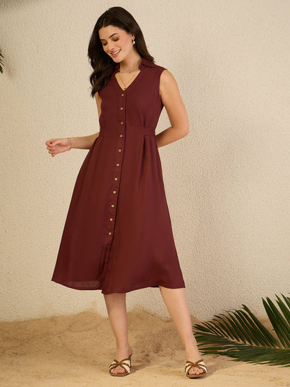 Janasya Women's Brown Rayon Solid A-Line Dress