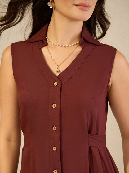 Janasya Women's Brown Rayon Solid A-Line Dress