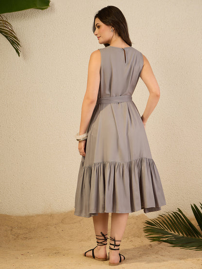 Janasya Women's Grey Rayon Solid Fit & Flare Dress