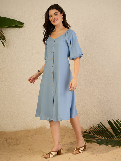 Janasya Women's Ice Blue Rayon solid A-Line Dress
