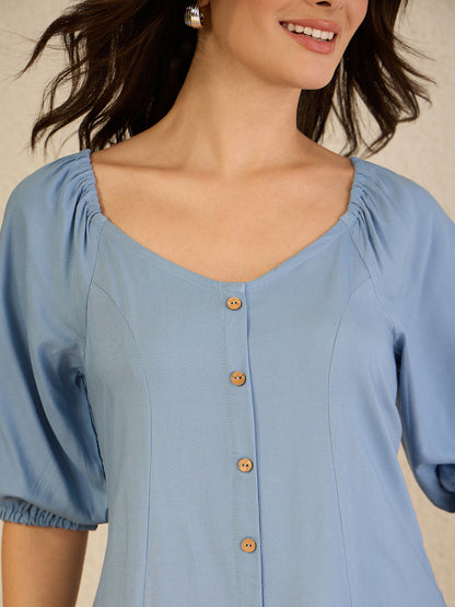 Janasya Women's Ice Blue Rayon solid A-Line Dress