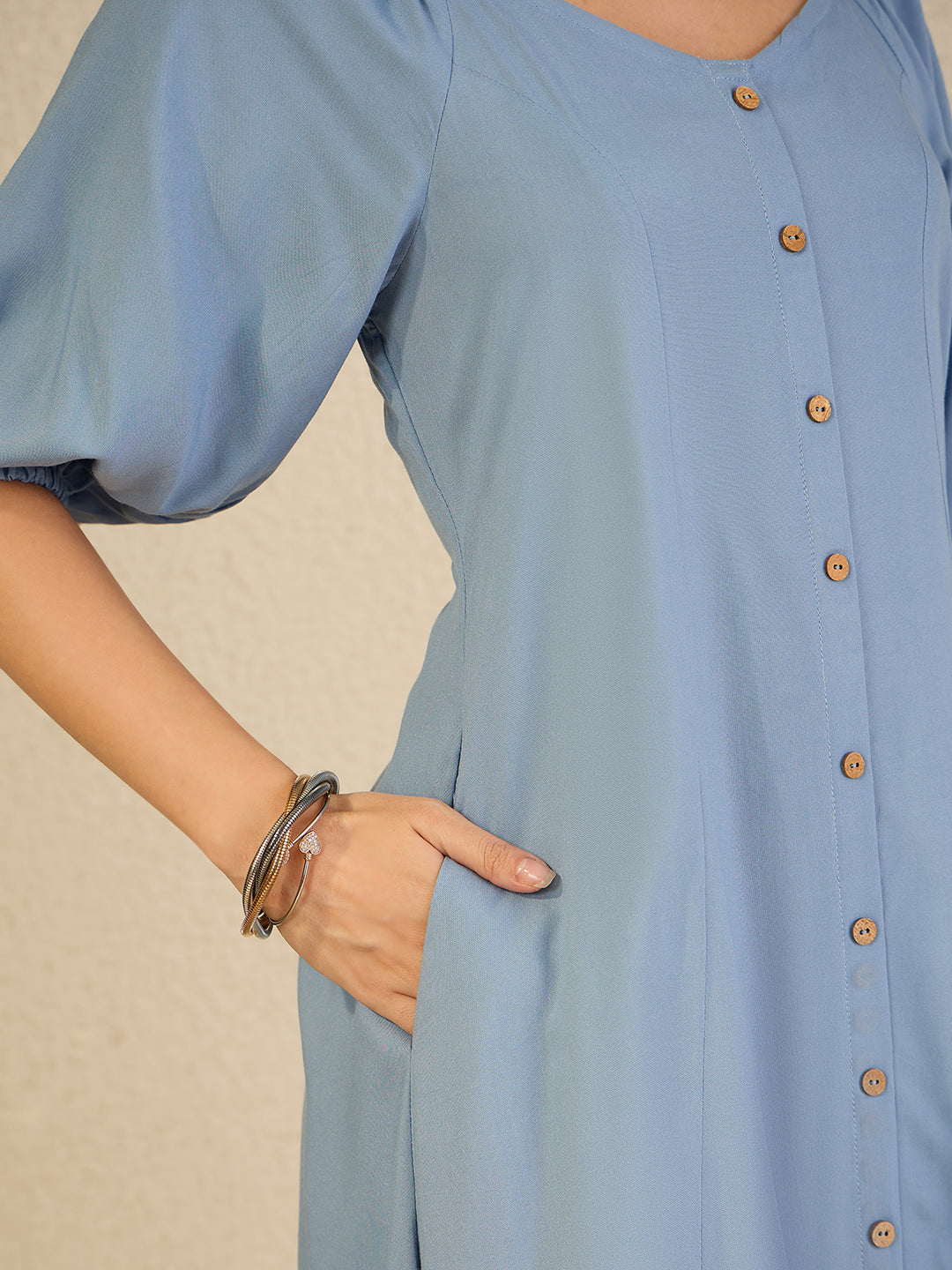 Janasya Women's Ice Blue Rayon solid A-Line Dress