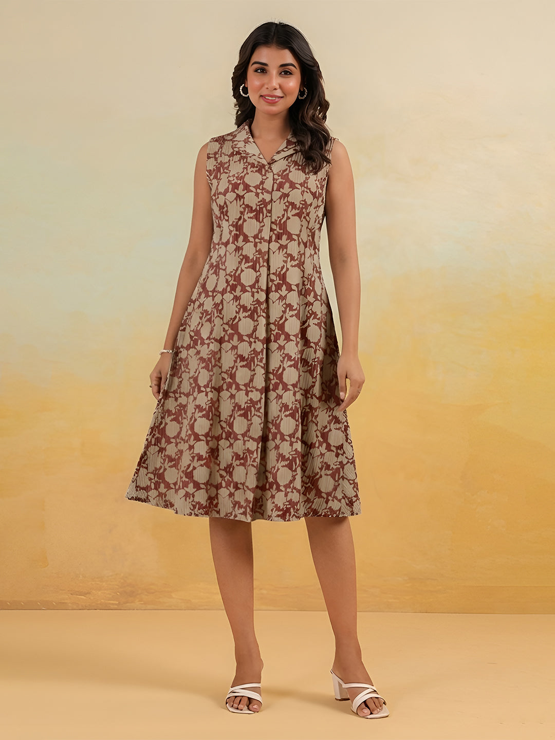 Janasya Women's Maroon Linen Cotton Floral Printed A-Line Dress