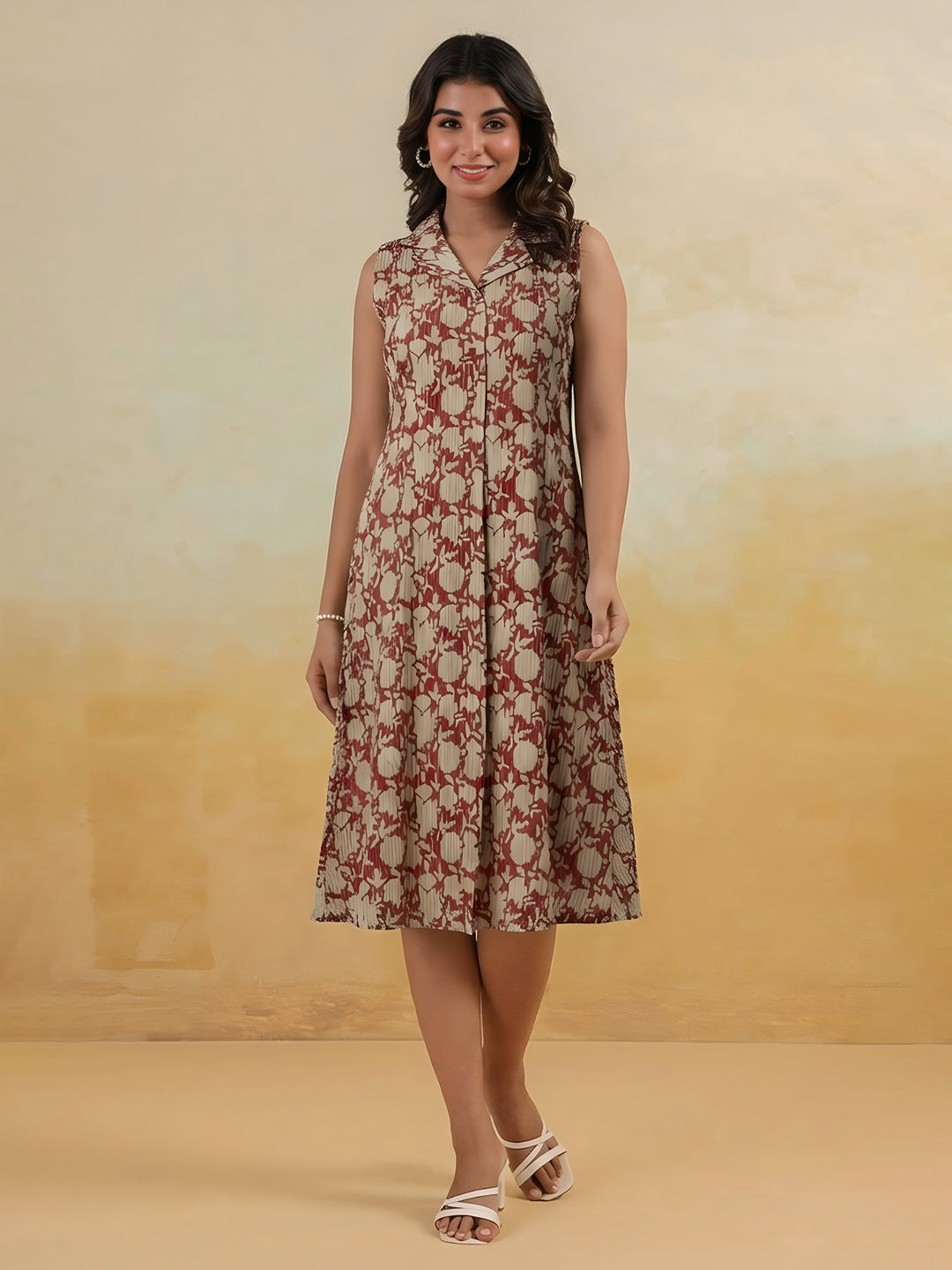 Janasya Women's Maroon Linen Cotton Floral Printed A-Line Dress