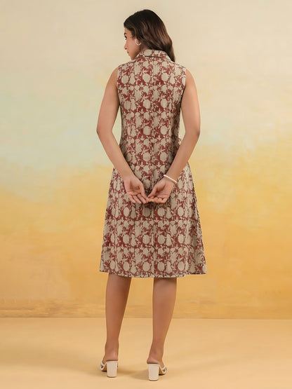 Janasya Women's Maroon Linen Cotton Floral Printed A-Line Dress