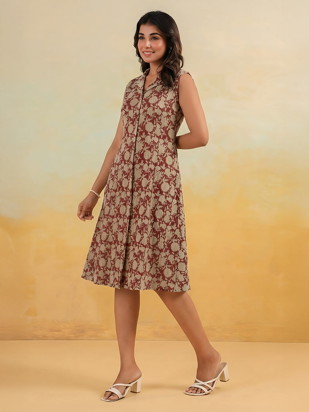 Janasya Women's Maroon Linen Cotton Floral Printed A-Line Dress