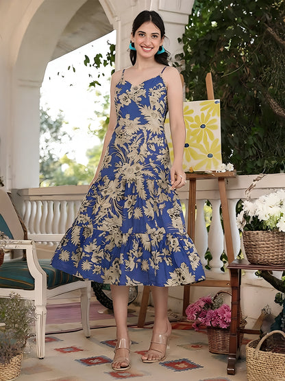 Janasya Women's Blue Pure Cotton Floral Printed Tiered Dress