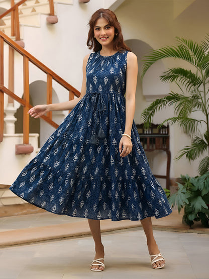 Janasya Women's Indigo Pure Cotton Ethnic Motifs Printed Tiered Dress