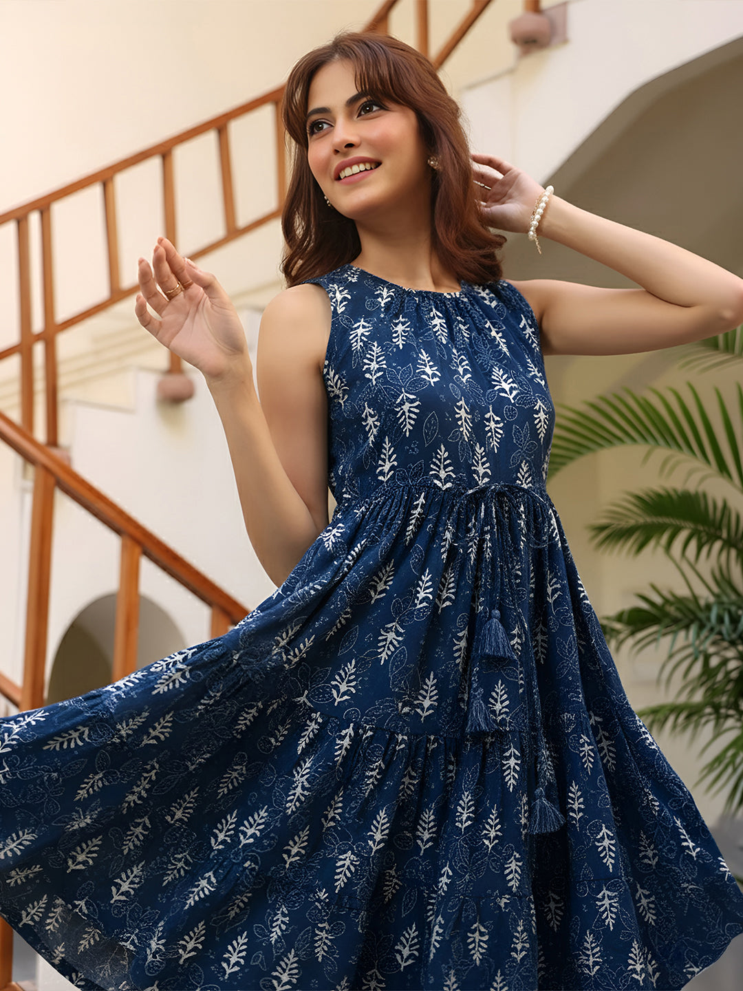 Janasya Women's Indigo Pure Cotton Ethnic Motifs Printed Tiered Dress
