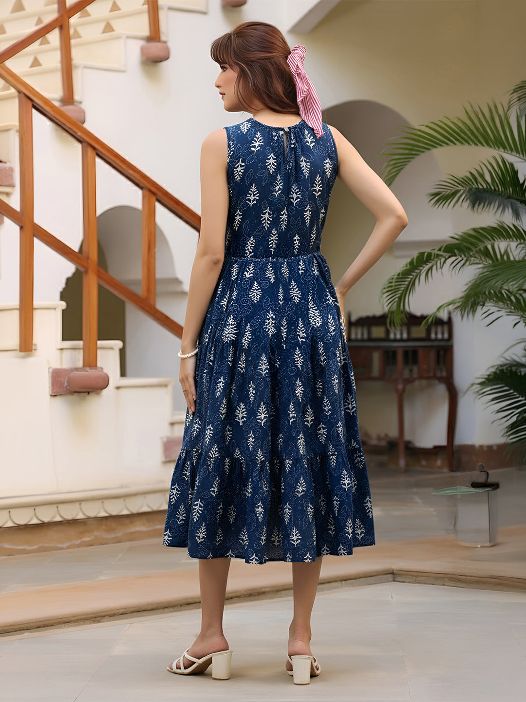 Janasya Women's Indigo Pure Cotton Ethnic Motifs Printed Tiered Dress