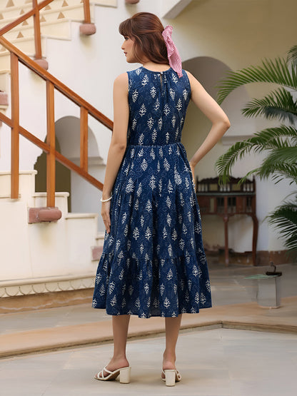 Janasya Women's Indigo Pure Cotton Ethnic Motifs Printed Tiered Dress