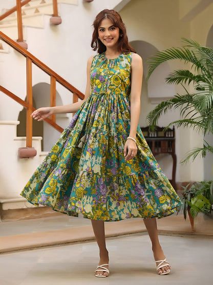 Janasya Women's Multicolor Pure Cotton Floral Printed Tiered Dress