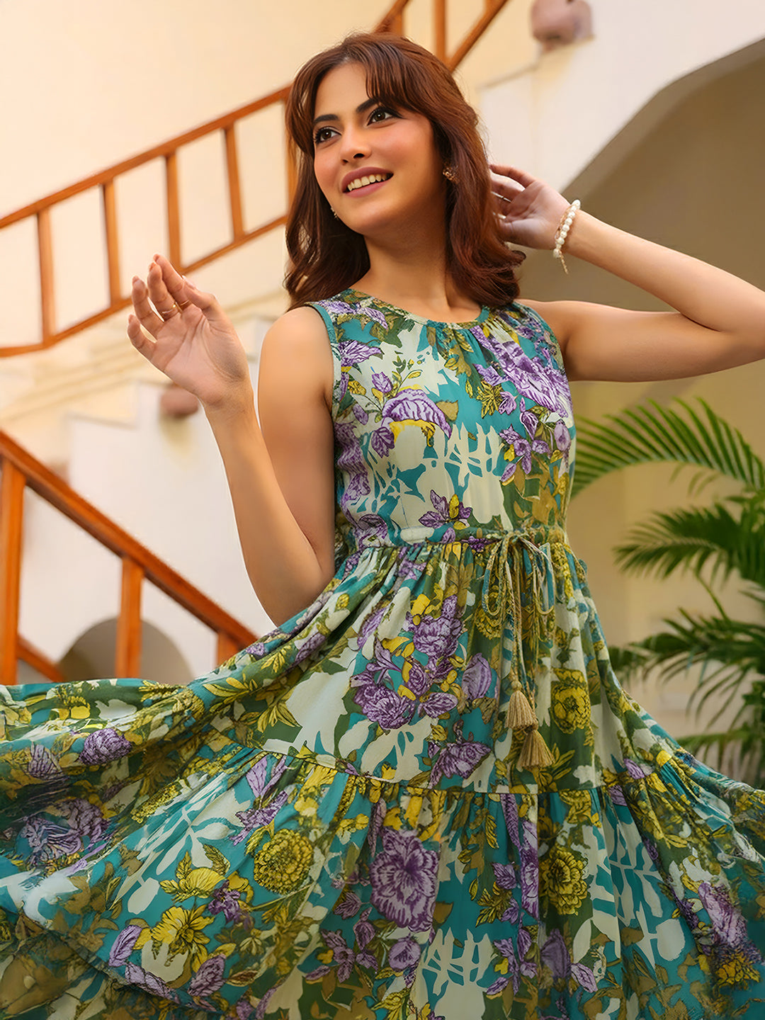 Janasya Women's Multicolor Pure Cotton Floral Printed Tiered Dress