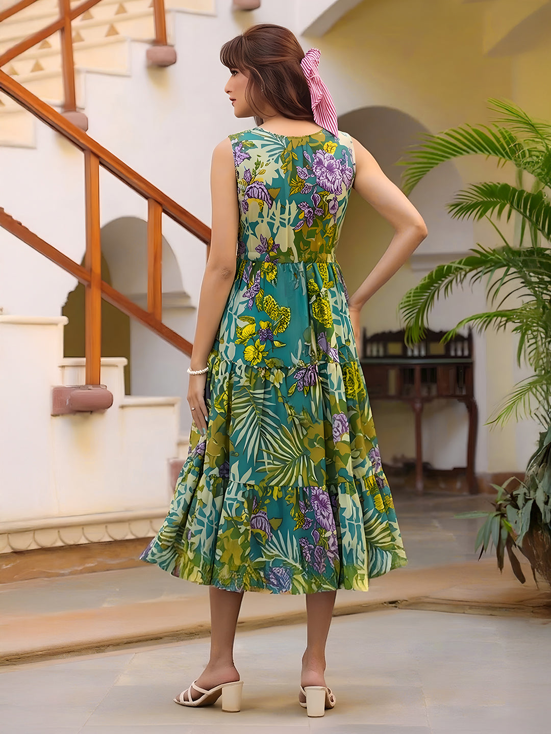 Janasya Women's Multicolor Pure Cotton Floral Printed Tiered Dress