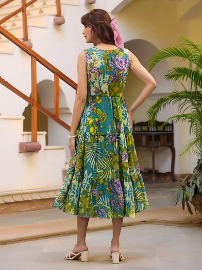 Janasya Women's Multicolor Pure Cotton Floral Printed Tiered Dress