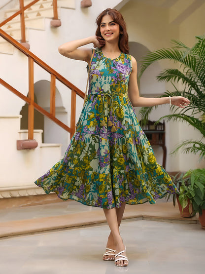 Janasya Women's Multicolor Pure Cotton Floral Printed Tiered Dress