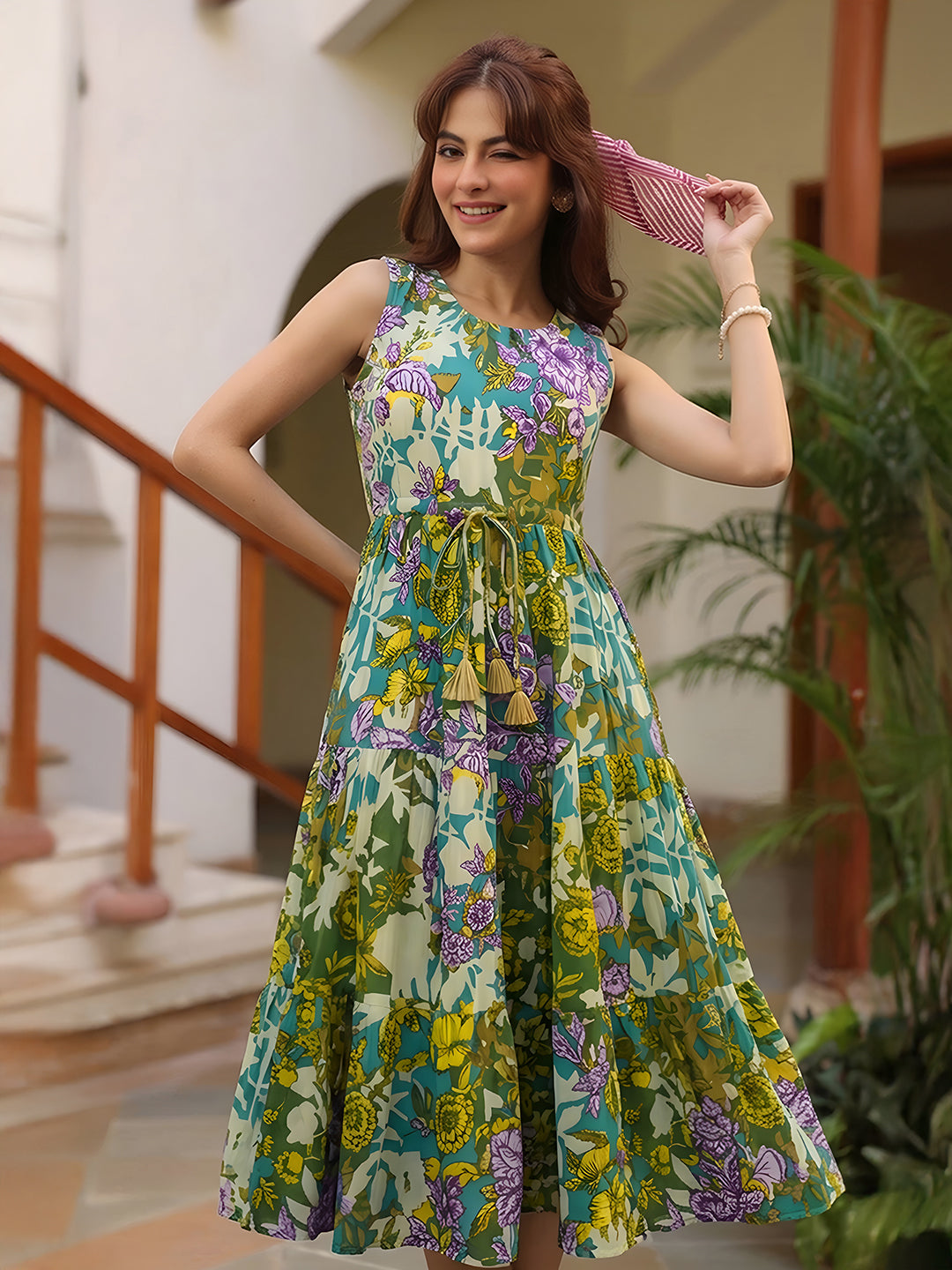 Janasya Women's Multicolor Pure Cotton Floral Printed Tiered Dress