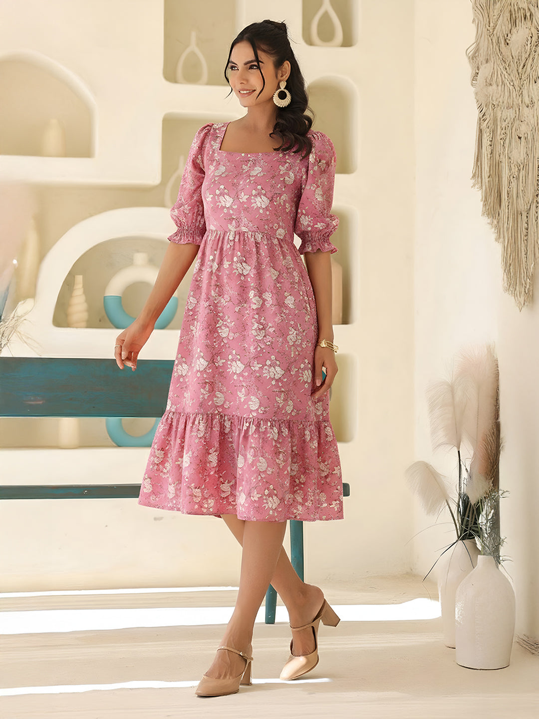 Janasya Women's Pink Pure Cotton Floral Printed A-Line Dress