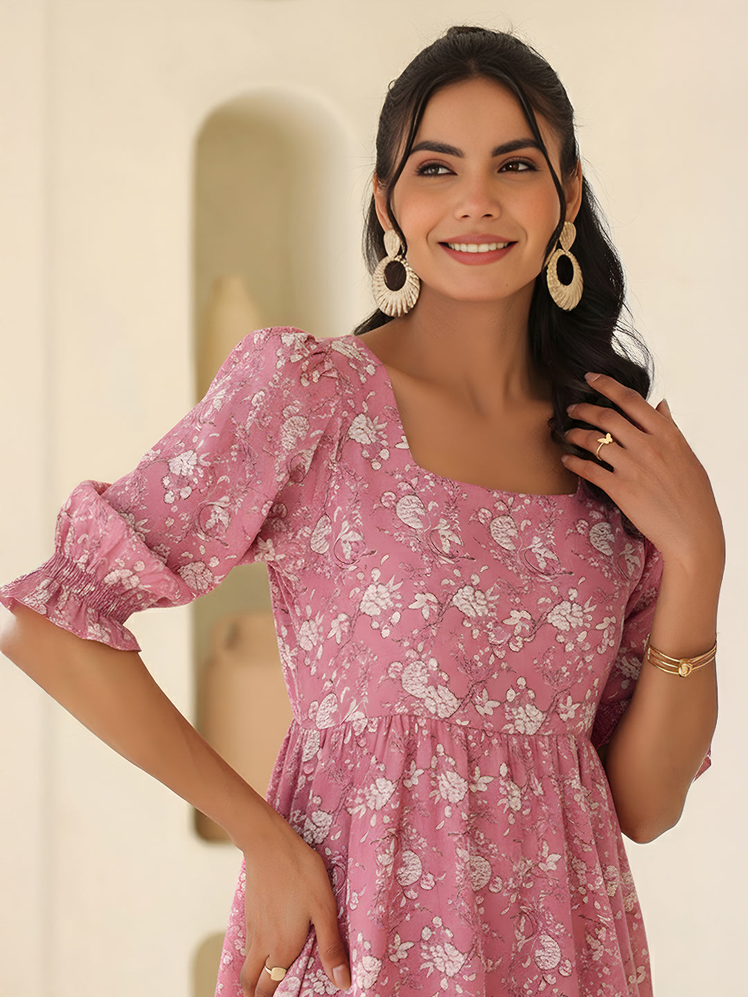 Janasya Women's Pink Pure Cotton Floral Printed A-Line Dress